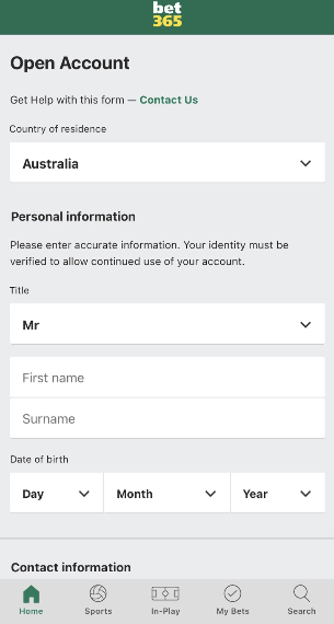 Форма регистрации в мобильном приложении Bet365 для iOS