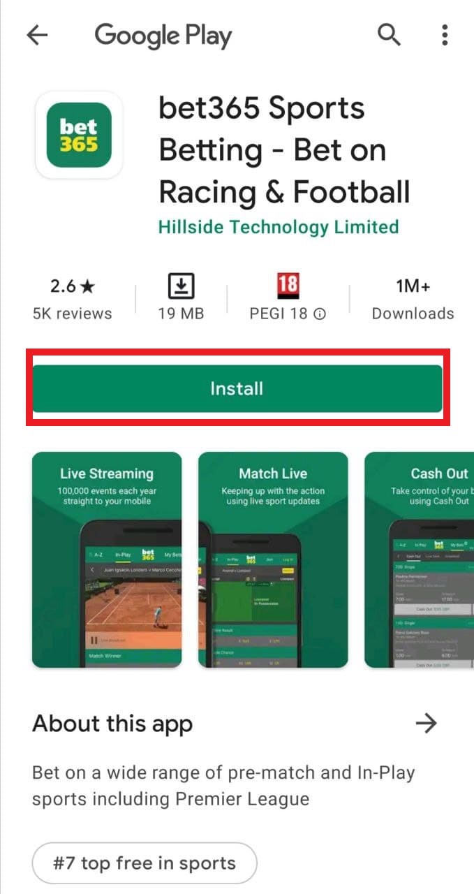 Кнопка загрузки приложения БК Bet365 в магазине Google Play