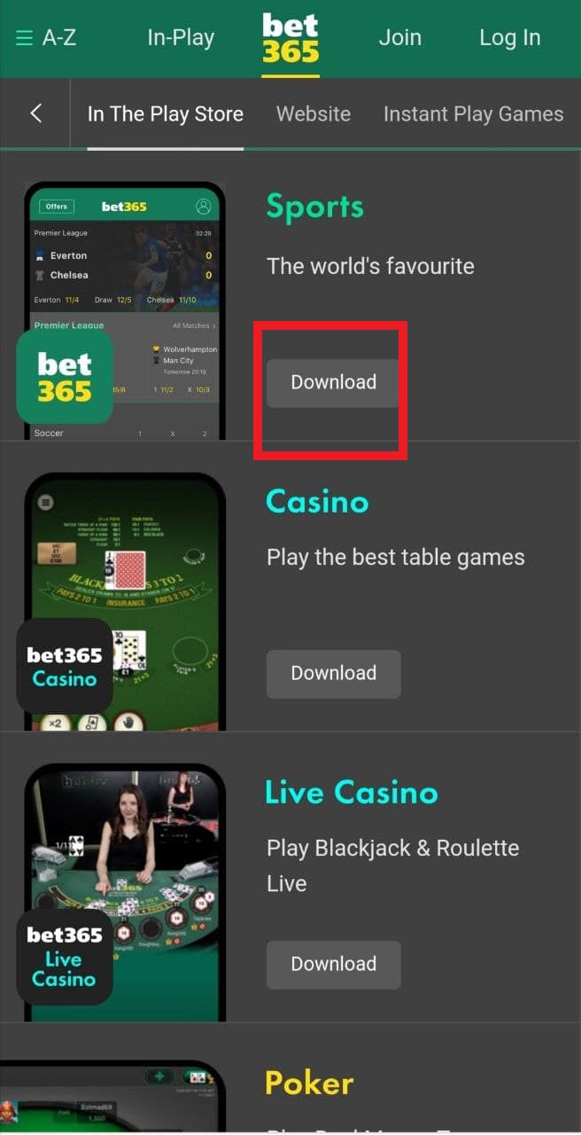 Кнопка загрузки Андроид приложения в мобильной версии сайта БК Bet365