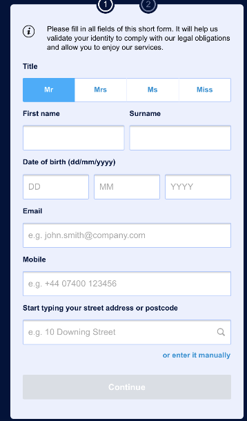 Форма регистрации в мобильном приложении William Hill для iOS