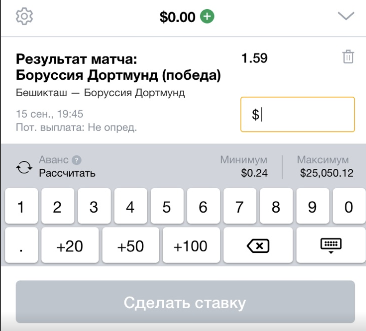 Ввод суммы ставки в купоне для заключения пари в приложении Marathonbet для iOS 