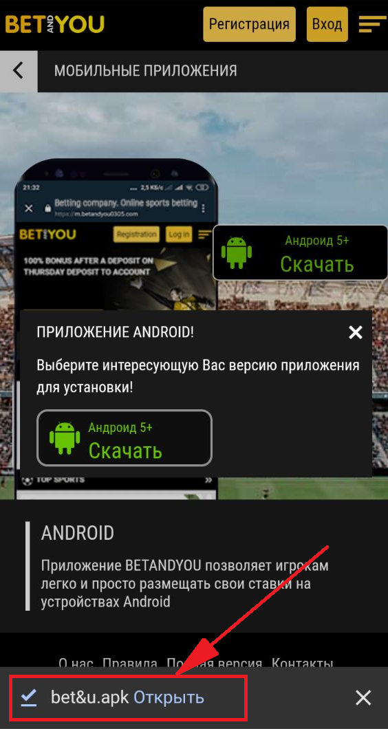 Предложение открыть скачанный файл приложения БК Betandyou для Android
