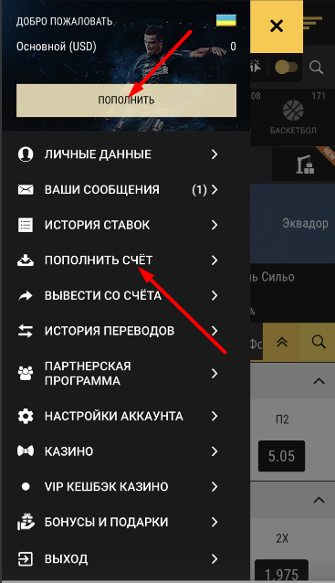 Опция пополнения счета в меню личного кабинета мобильной версии сайта БК Betandyou