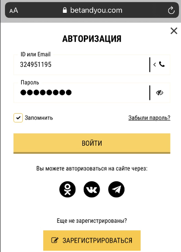 Форма авторизации в мобильной версии сайта БК Betandyou