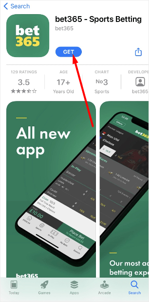 Кнопка скачивания и установки мобильного приложения Bet365 из AppStore
