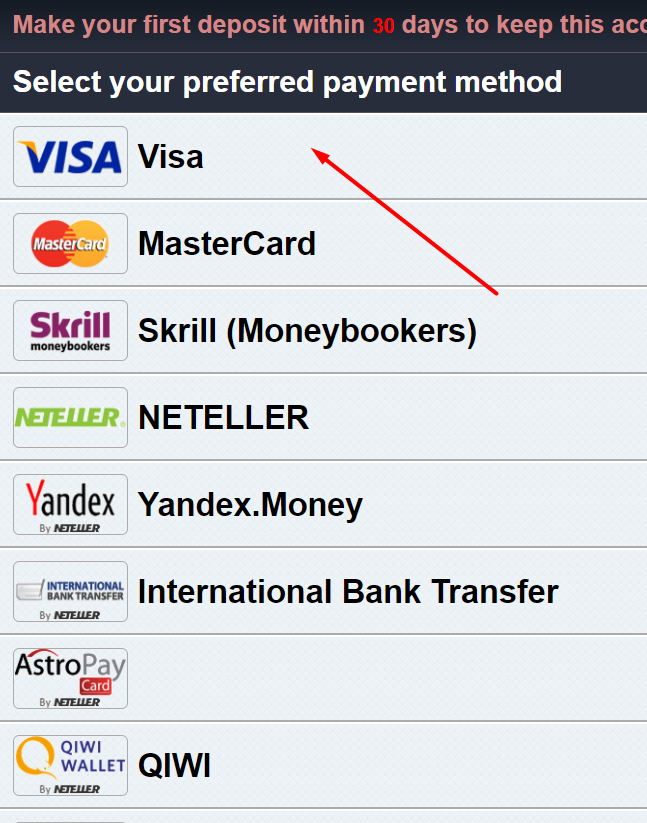 Выбор метода пополнения счета при помощи банковской карты Visa в мобильной версии сайта Sbobet