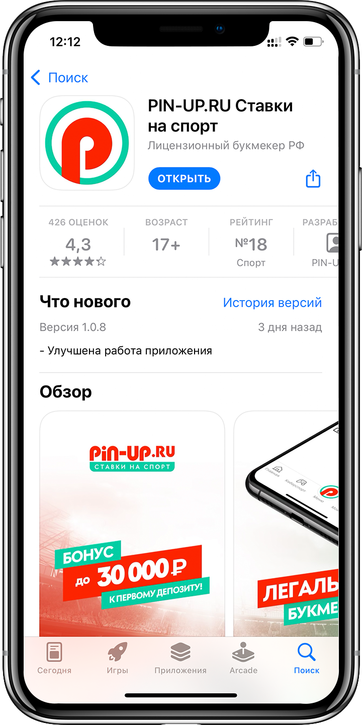 Установленное приложение Pin-Up.ru для iOS