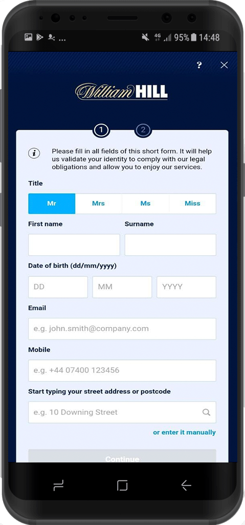 Форма регистрации в мобильной версии сайта БК William Hill