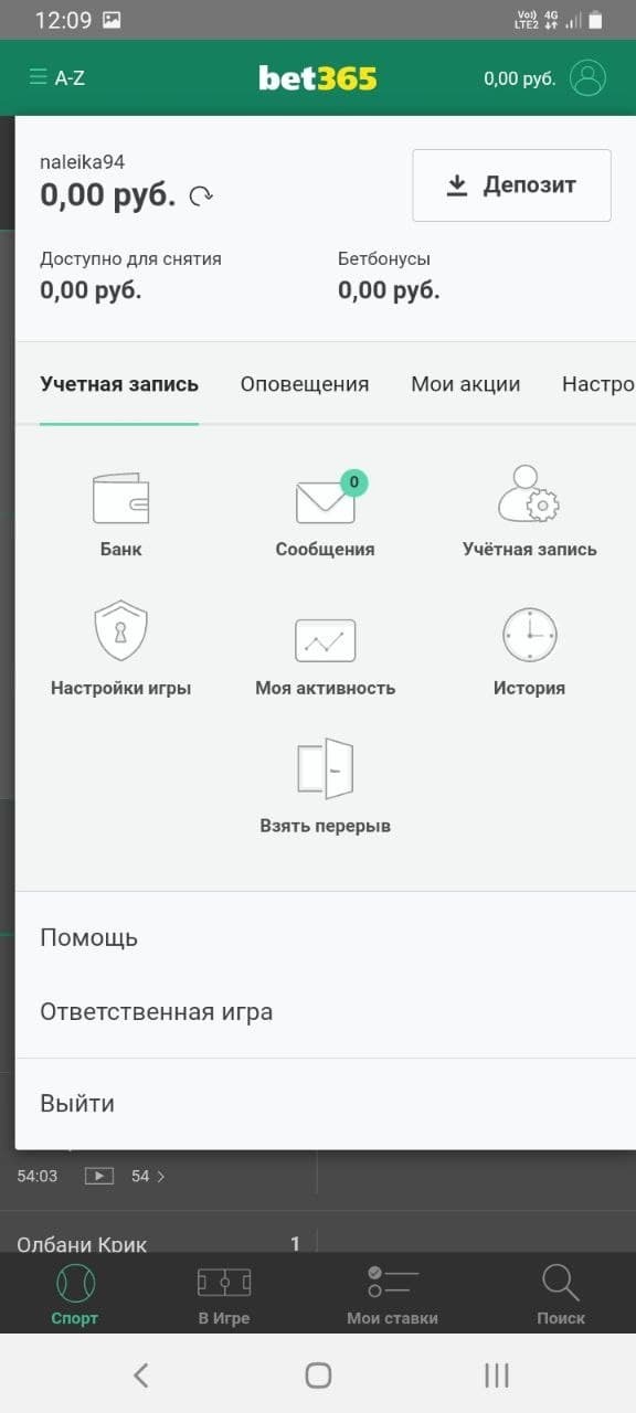 Раздел личного кабинета в мобильном приложении БК Bet365.ru для Андроид