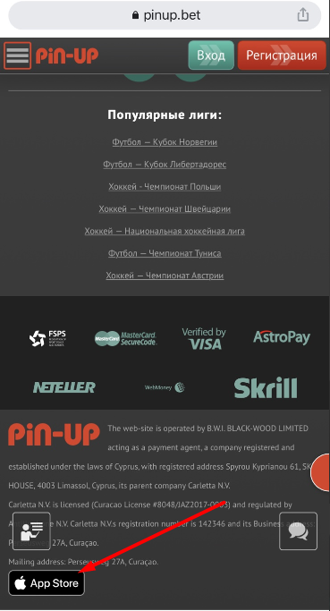 Ссылка на магазин приложений Appstore в мобильной версии сайта букмекера Pin-Up bet