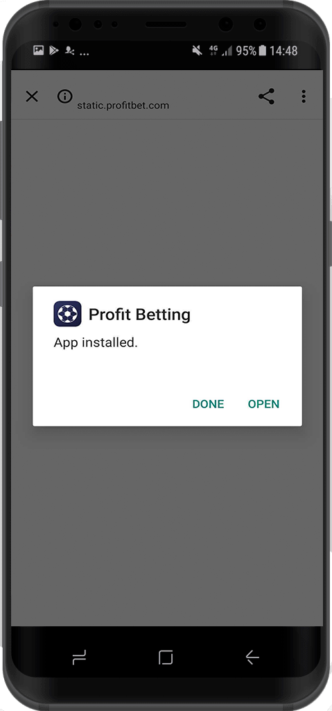 Уведомление об успешной установки приложения БК Profit Betting для Андроид