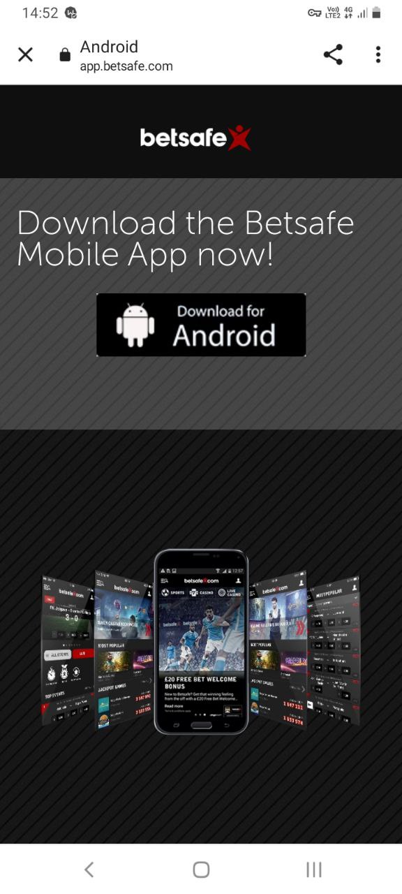 Раздел скачивания мобильного приложения Betsafe для Андроид с мобильной версии сайта БК
