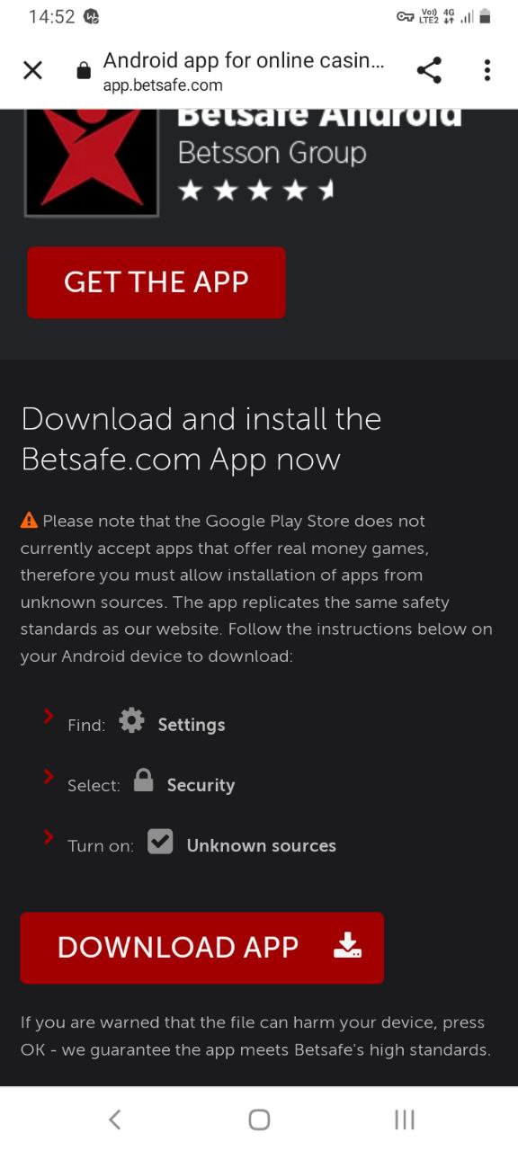 Кнопка загрузки мобильного приложения Betsafe для Андроид с мобильной версии сайта БК
